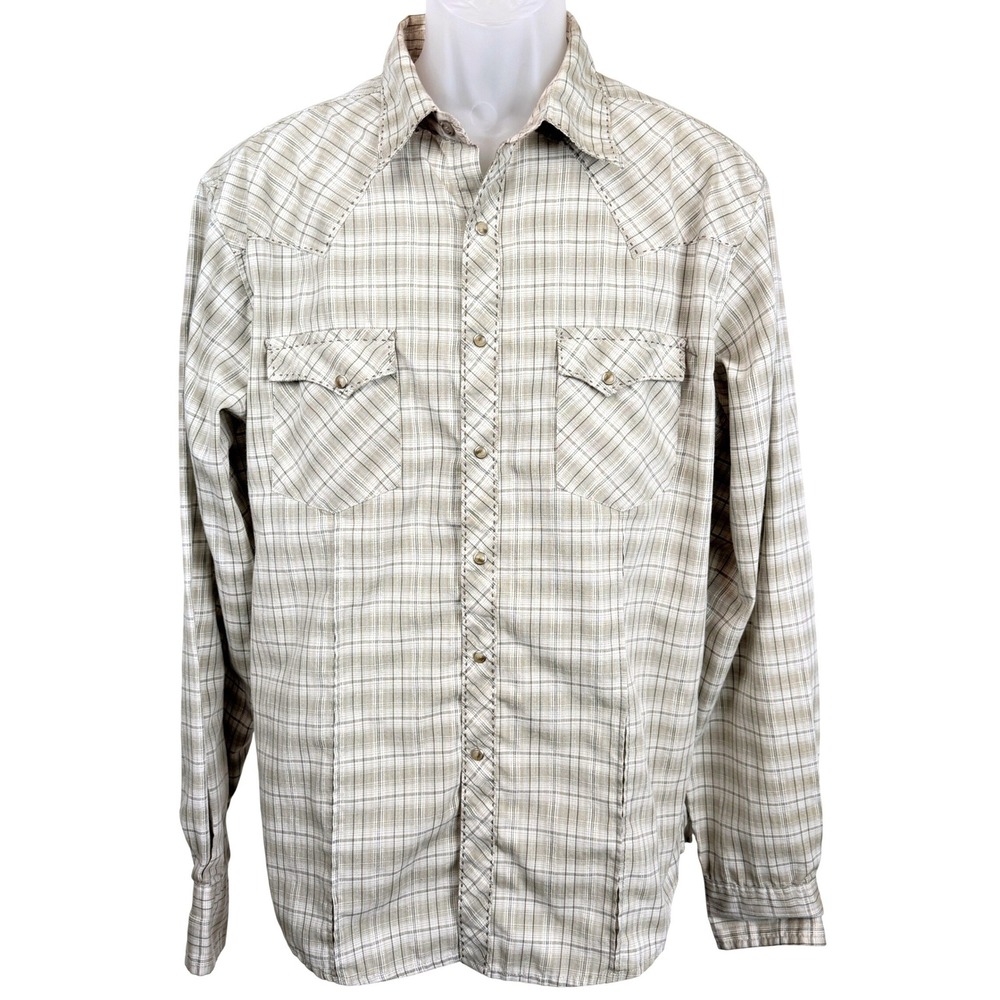 Wrangler Western Pearl Snap Shirt Mens L Beige Plaid Cowboy Ranch Rodeo Cotton
